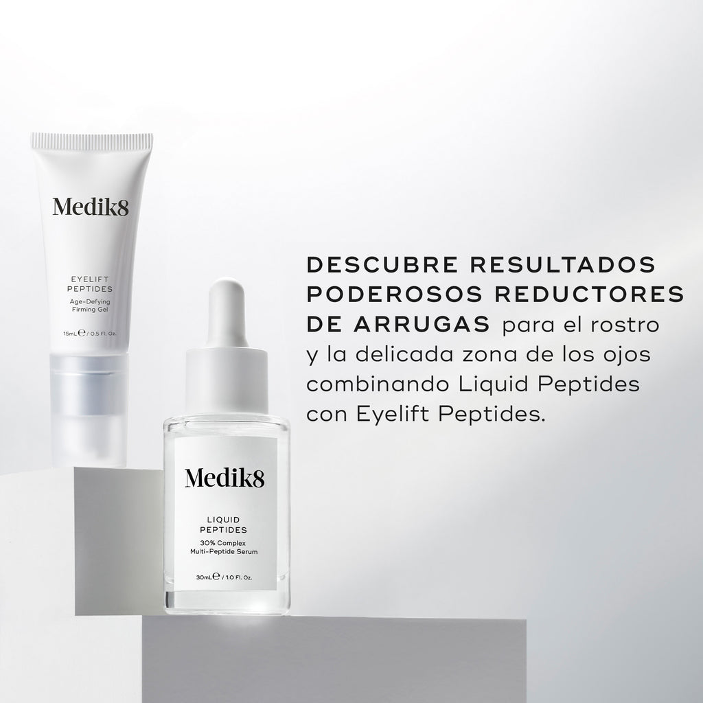 Se muestran un frasco cuentagotas de vidrio transparente del sérum Liquid Peptides y un tubo de Eyelift Peptides. El texto indica: “DESCUBRE POTENTES RESULTADOS REDUCTORES DE ARRUGAS” para el rostro y la delicada zona del contorno de ojos al combinar Liquid Peptides con Eyelift Peptides.