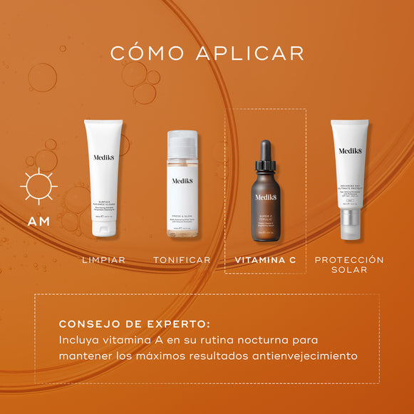 «Guía de aplicación por capas de Medik8 titulada «CÓMO APLICAR POR CAPAS», sobre un fondo naranja intenso con burbujas translúcidas de sérum. Un icono de sol matutino indica una rutina matutina de cuatro pasos, con el tercer paso resaltado en un recuadro blanco con línea discontinua:

LIMPIEZA: Tubo de Surface Radiance Cleanse de Medik8.

TONIFICACIÓN: Frasco de «Press & Glow» de Medik8.

VITAMINA C: Frasco de suero «Super C Ferulic» de Medik8.

PROTECCIÓN SOLAR: Tubo de «Advanced Day Ultimate Protect» de M-hover-20