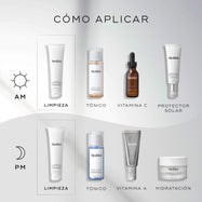 Guía “Cómo Aplicar en Capas” que muestra Medik8 Surface Radiance Cleanse como el primer paso tanto para las rutinas AM (mañana) como PM (noche).

La rutina AM continúa con Press & Glow (Tonificar), C-Tetra Luxe (Vitamina C) y Advanced Day Ultimate Protect (Protector solar).

La rutina PM continúa con Press & Clear (Tonificar), Crystal Retinal (Vitamina A) y Advanced Night Restore (Hidratar).