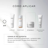 Una guía “HOW TO LAYER” de Medik8 sobre fondo blanco con luz suave muestra una rutina AM de cuatro pasos:


Cleanse: Surface Radiance Cleanse


Tone: Press & Glow


Vitamin C: C-Tetra Cream


Sunscreen: Advanced Day Ultimate Protect


Consejo experto: recomienda Daily Radiance Vitamin C como opción todo en uno con vitamina C estabilizada y SPF.