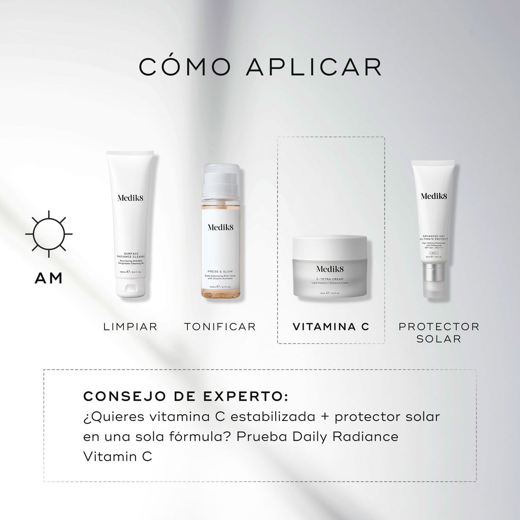 Una guía “HOW TO LAYER” de Medik8 sobre fondo blanco con luz suave muestra una rutina AM de cuatro pasos:


Cleanse: Surface Radiance Cleanse


Tone: Press & Glow


Vitamin C: C-Tetra Cream


Sunscreen: Advanced Day Ultimate Protect


Consejo experto: recomienda Daily Radiance Vitamin C como opción todo en uno con vitamina C estabilizada y SPF.