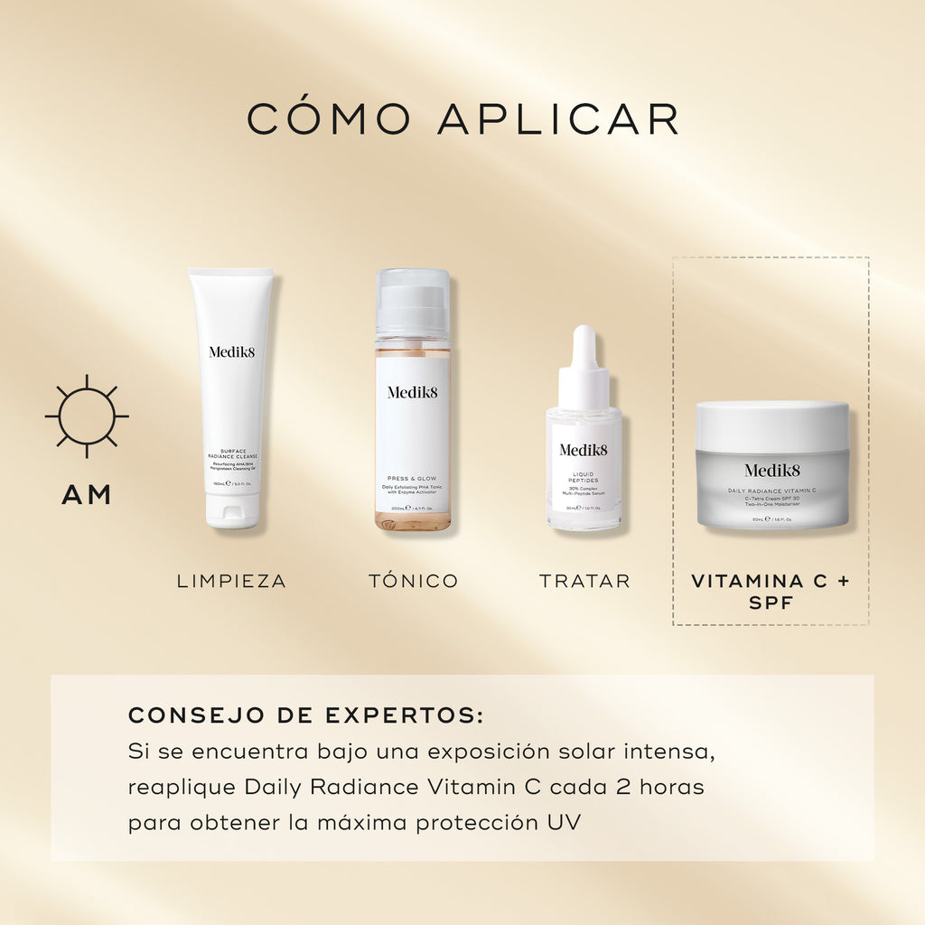 Una guía matutina “Cómo aplicar las capas” presenta Medik8 Daily Radiance Vitamin C como el paso final de “Vitamina C + SPF”. La rutina comienza con Surface Radiance Cleanse (Limpiar), seguido de Press & Glow (Tonificar) y Liquid Peptides (Tratar). El consejo experto indica volver a aplicar cada 2 horas en caso de exposición solar intensa para obtener la máxima protección UV.
