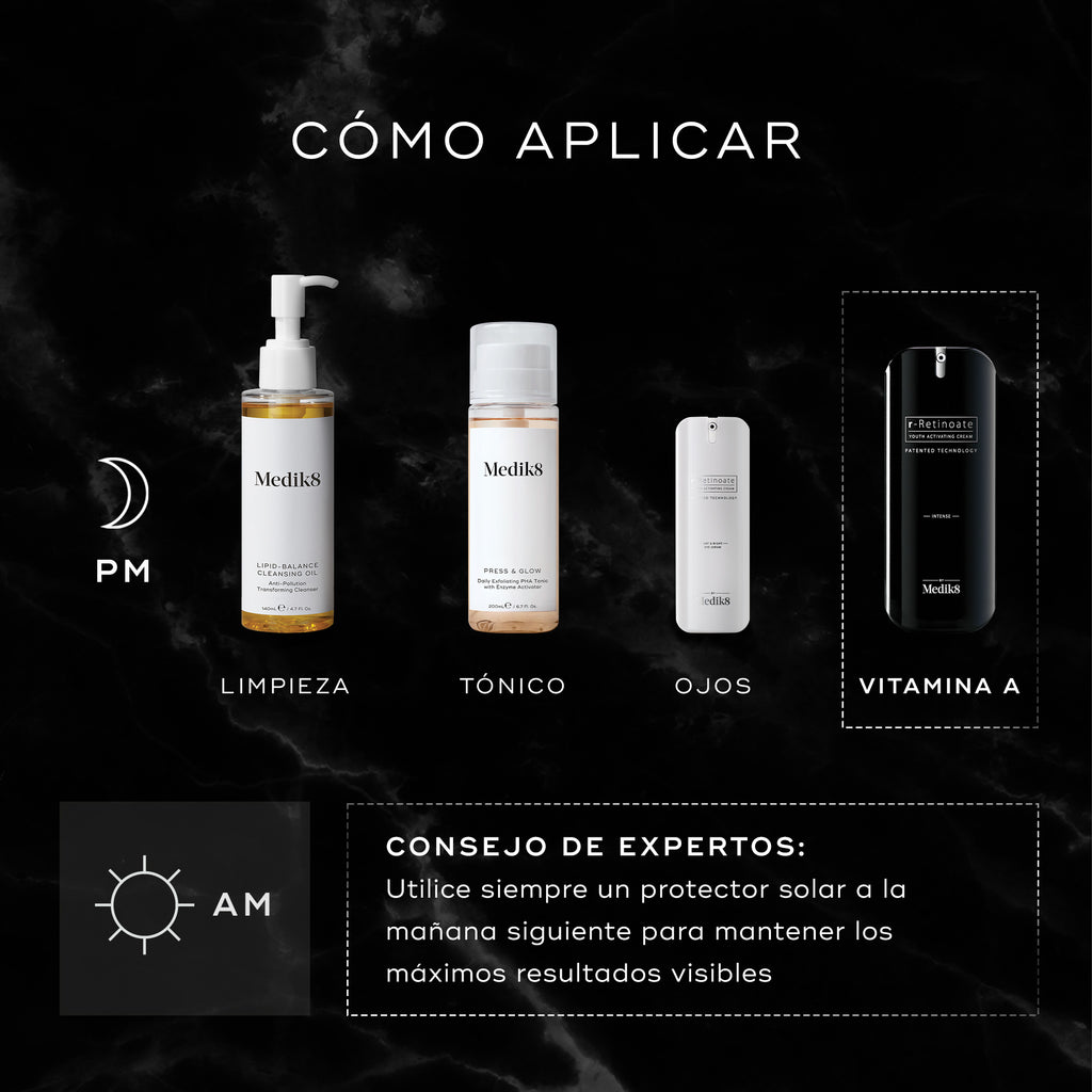 Infografía titulada “CÓMO APLICAR EN CAPAS” que muestra una rutina PM (de noche): Medik8 Lipid-Balance Cleansing Oil para limpiar, Press & Glow para tonificar, r-Retinoate Eye para el contorno de ojos y r-Retinoate Intense como Vitamina A. El consejo de experto indica usar siempre protector solar a la mañana siguiente.