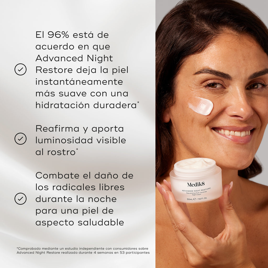 Una modelo aplica Advanced Night Restore, sonriendo con un toque de crema en la mejilla mientras sostiene el tarro del producto. El texto enumera beneficios basados en estudios de consumidores:

El 100 % estuvo de acuerdo en que su piel se ve más firme después de 4 semanas*
El 90 % estuvo de acuerdo en que es su crema de noche de referencia

Una nota al pie indica que estas afirmaciones provienen de un estudio independiente de consumidores.