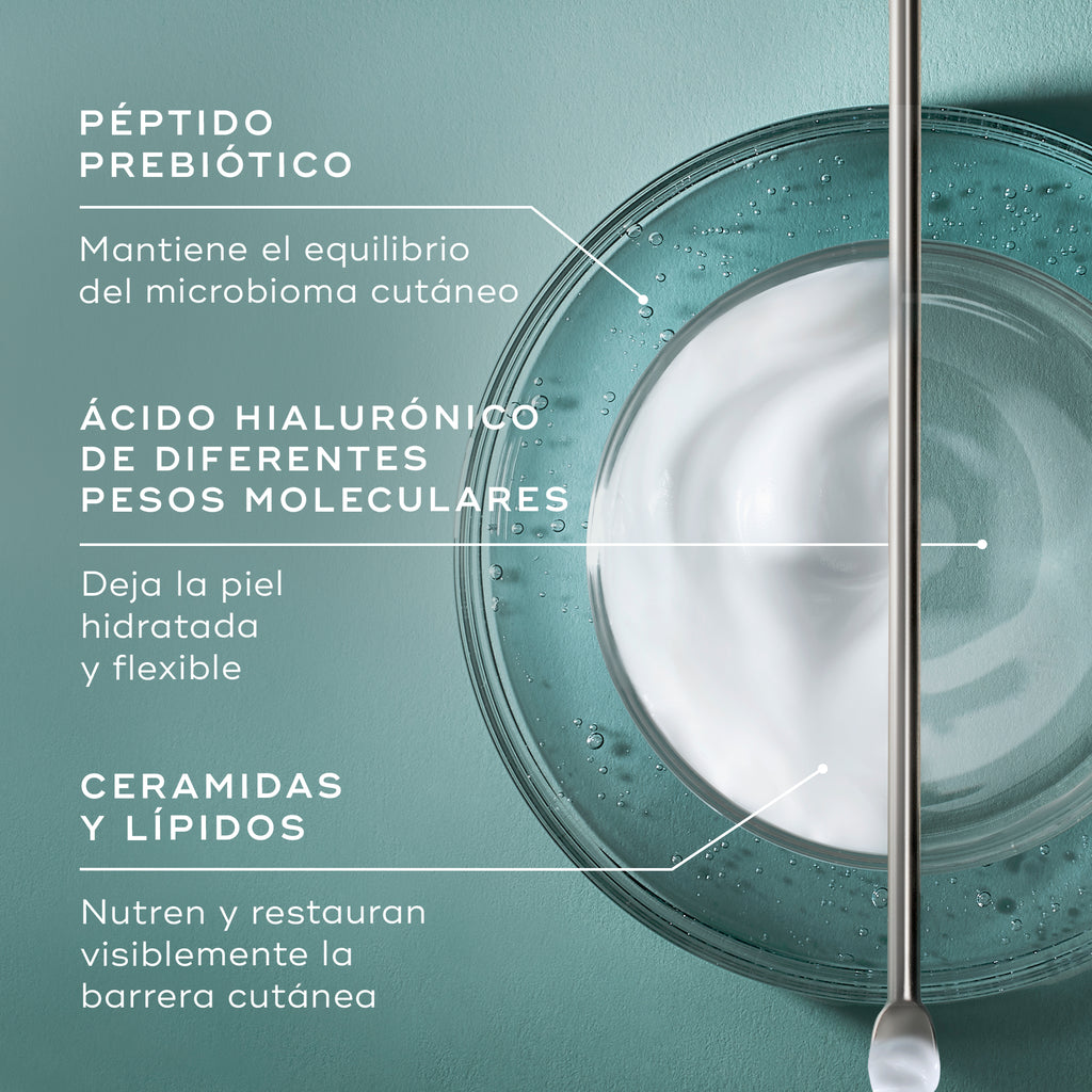 Infografía titulada «¿QUÉ HAY DENTRO?» sobre un fondo color verde azulado, que muestra una vista superior de un recipiente de vidrio con una espiral de crema blanca y líquido transparente junto a una espátula metálica. El texto señala los ingredientes clave: **PÉPTIDO PREBIÓTICO** (mantiene un microbioma cutáneo equilibrado), **ÁCIDO HIALURÓNICO DE MÚLTIPLES PESOS MOLECULARES** (deja la piel hidratada y flexible) y **CERAMIDAS Y LÍPIDOS** (restauran y nutren visiblemente).