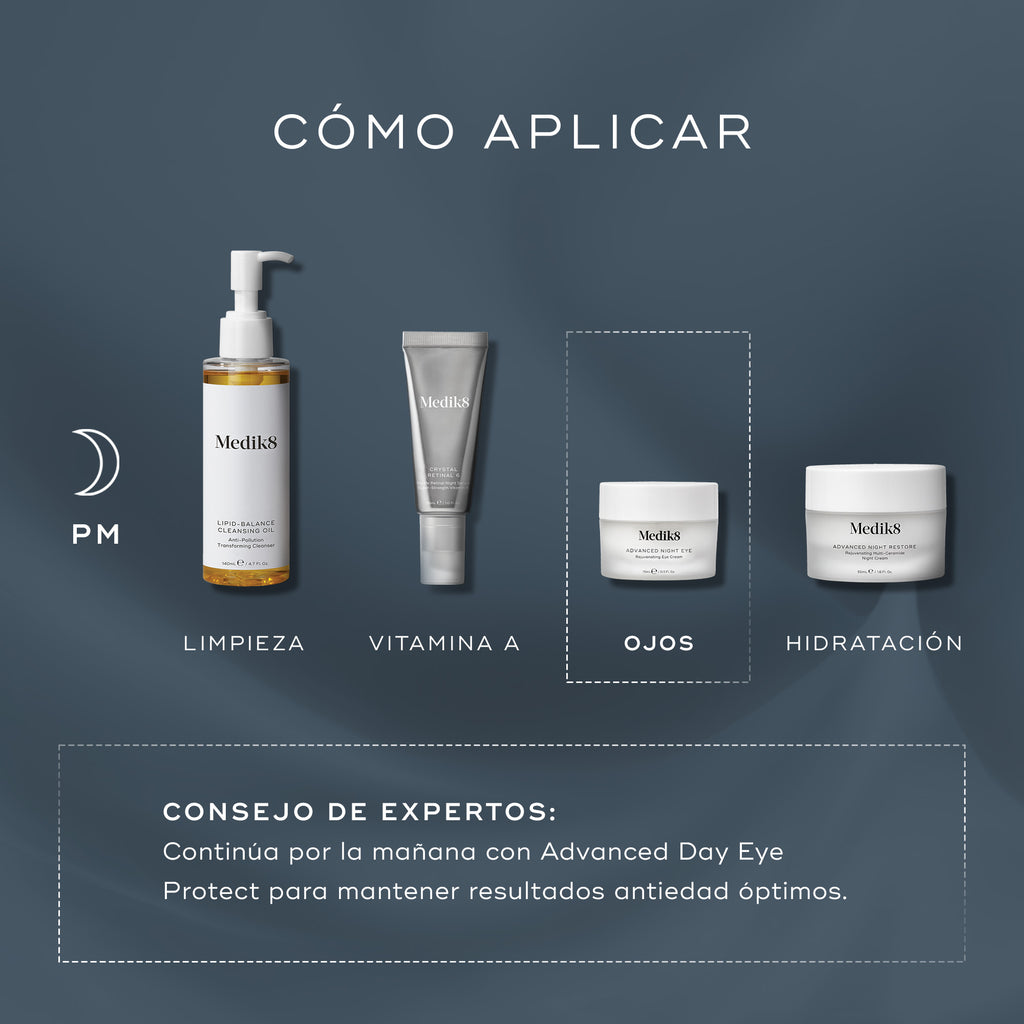 El gráfico “Cómo aplicar en capas” muestra una rutina nocturna (PM) de cuidado de la piel. Medik8 Advanced Night Eye aparece como el paso para el contorno de ojos, después de la limpieza y la Vitamina A, y antes de la crema hidratante.