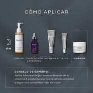 Una infografía titulada “Cómo aplicar las capas” presenta una rutina de cuidado de la piel nocturna sobre un fondo oscuro. Muestra productos de Medik8 para limpieza, tratamiento, vitamina A, contorno de ojos e hidratación, incluyendo Advanced Night Restore como el paso final de hidratación, junto con consejos expertos sobre el orden de aplicación.