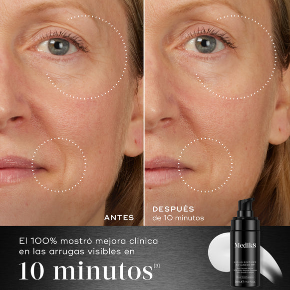 **10 min**: Comparación de antes y después del rostro de un participante mostrada junto a la botella de Medik8 Liquid Peptides Advanced MP. Las imágenes muestran una reducción de las arrugas alrededor de los ojos y la boca. El texto destaca que el **100 % mostró una mejora clínica en las arrugas visibles en 10 minutos**.
-hover-9