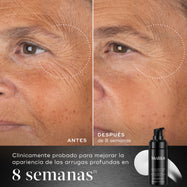 **8 semanas**: Comparación de antes y después tras 8 semanas que muestra el área de los ojos y la mejilla de una persona, ilustrando una reducción en la apariencia de las arrugas profundas. Debajo de las imágenes, el texto indica: **«Clínicamente probado para mejorar la apariencia de las arrugas profundas en 8 semanas»**.
