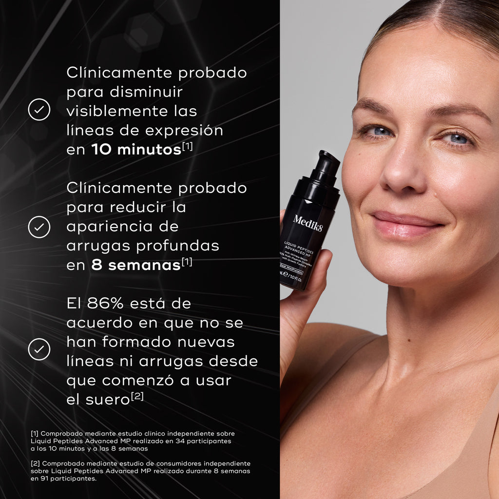 Una mujer sosteniendo una botella de Liquid Peptides Advanced MP. Tres viñetas con marcas de verificación enumeran los beneficios del producto: «Clínicamente probado para disminuir visiblemente las líneas de expresión en 10 minutos», «Clínicamente probado para reducir la apariencia de las arrugas profundas en 8 semanas» y «El 86 % está de acuerdo en que no se han formado nuevas líneas o arrugas desde que usan el sérum». Las notas al pie citan estudios clínicos y de consumidores independientes.