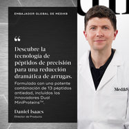 Daniel Isaacs aparece acompañado de una cita que dice: **«Descubra la tecnología de péptidos de precisión para una reducción espectacular de las arrugas. Formulado con una potente combinación de 13 péptidos antiedad, incluidos los innovadores Dual MiniProteins™.»**
