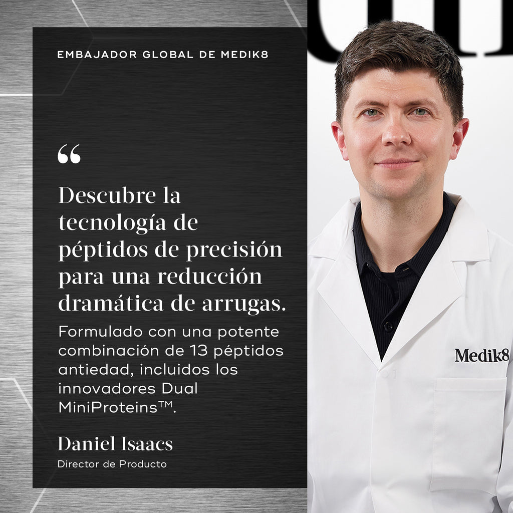 Daniel Isaacs aparece acompañado de una cita que dice: **«Descubra la tecnología de péptidos de precisión para una reducción espectacular de las arrugas. Formulado con una potente combinación de 13 péptidos antiedad, incluidos los innovadores Dual MiniProteins™.»**
