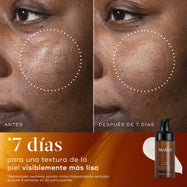 Primer plano de la mejilla de una persona mostrando una textura irregular de la piel y poros visibles antes de usar C-Tetra Advanced, con un círculo punteado que resalta el área de preocupación. Primer plano de la misma mejilla después de 7 días de uso de C-Tetra Advanced, mostrando una textura de la piel visiblemente más suave y poros más refinados, con un círculo punteado para la comparación.
