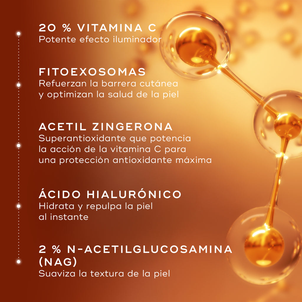 Representación molecular de los ingredientes clave de Medik8 C-Tetra Advanced, con texto que destaca un 20 % de vitamina C, fitoexosomas, acetil zingerona, ácido hialurónico y N-acetilglucosamina (NAG) para aportar luminosidad, hidratación y apoyo a la barrera cutánea.