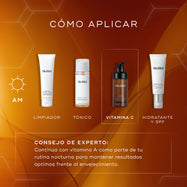 Guía de aplicación en capas de Medik8 para la rutina matutina de cuidado de la piel, que muestra limpiador, tónico, sérum C-Tetra Advanced para aportar luminosidad e hidratante con SPF para una protección e hidratación óptimas de la piel.
