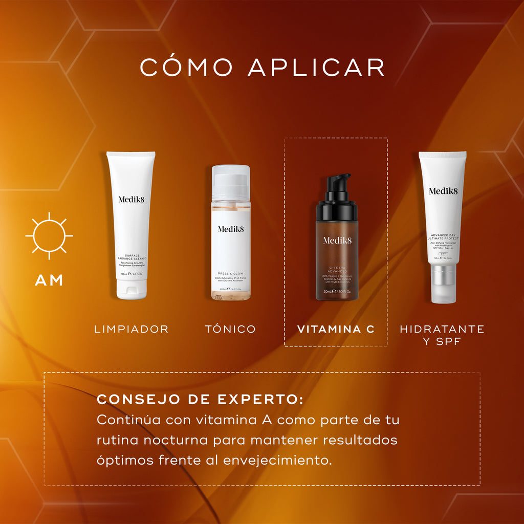 Guía de aplicación en capas de Medik8 para la rutina matutina de cuidado de la piel, que muestra limpiador, tónico, sérum C-Tetra Advanced para aportar luminosidad e hidratante con SPF para una protección e hidratación óptimas de la piel.
