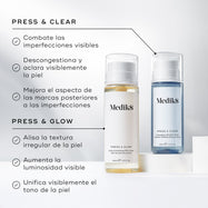 Gráfico comparativo que presenta las botellas de Medik8 Press & Glow y Press & Clear. El texto diferencia Press & Clear por su capacidad para tratar las imperfecciones visibles y Press & Glow por ayudar a suavizar la textura irregular de la piel.