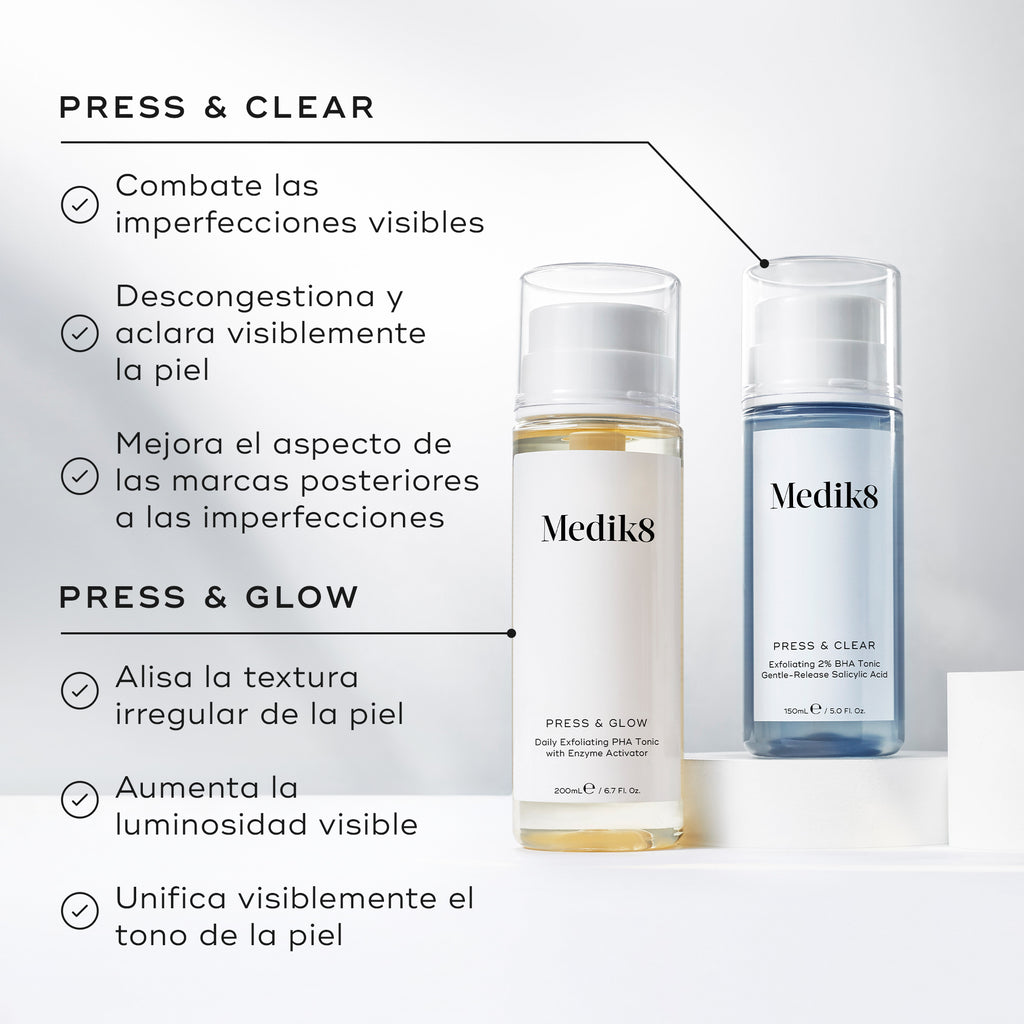 Gráfico comparativo que presenta las botellas de Medik8 Press & Glow y Press & Clear. El texto diferencia Press & Clear por su capacidad para tratar las imperfecciones visibles y Press & Glow por ayudar a suavizar la textura irregular de la piel.