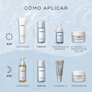 Infografía titulada «CÓMO APLICAR EN CAPAS» sobre un fondo azul claro con textura acuática, que describe las rutinas de AM y PM. Sitúa Medik8 Press & Clear como el paso de «Tonificación» después de la limpieza.
