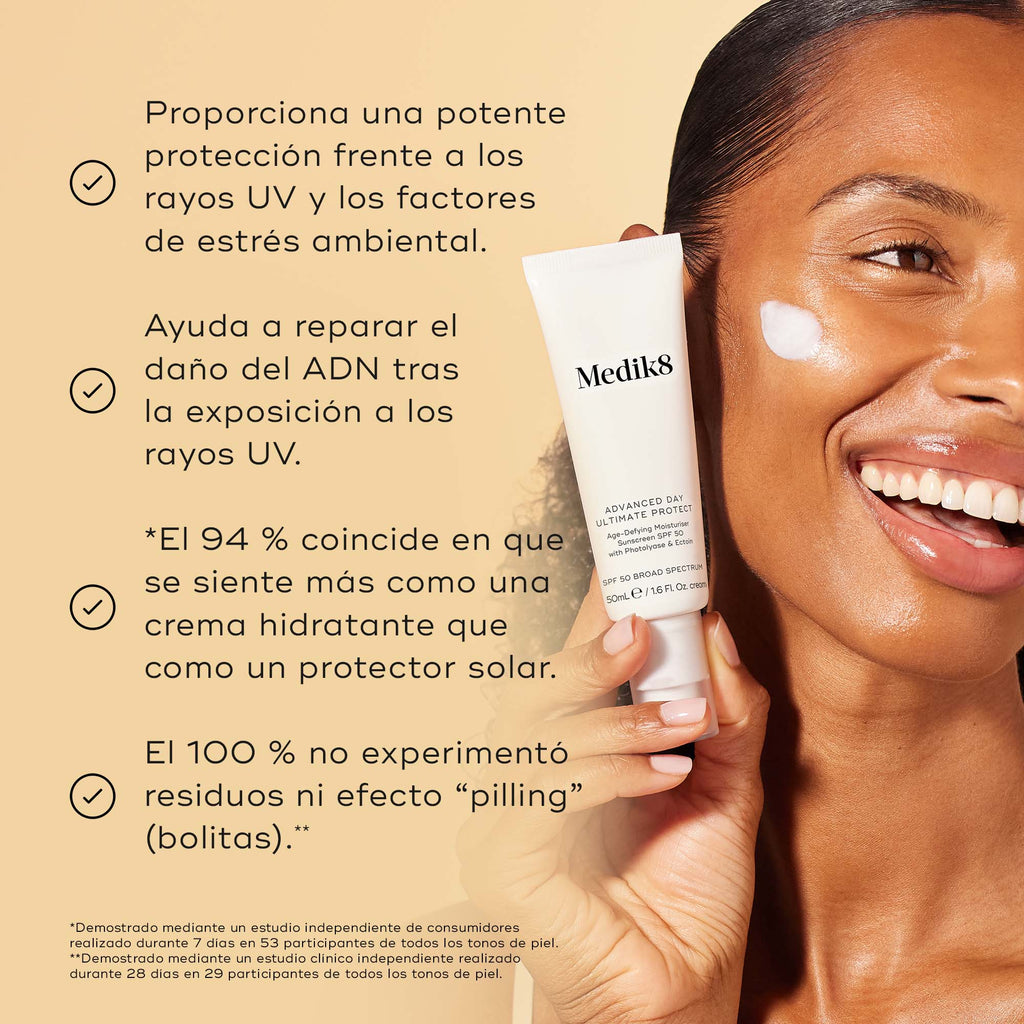 Un modelo sonriente sostiene el tubo de Medik8 Advanced Day Ultimate Protect con una muestra de crema blanca en la mejilla sobre un fondo beige cálido. El texto destaca cuatro beneficios clave: protección avanzada contra los rayos UV y los factores de estrés ambiental, reparación del daño en el ADN tras la exposición a los rayos UV, el 94 % está de acuerdo en que se siente como una crema hidratante y el 100 % no experimentó formación de grumos ni efecto “pilling”.
