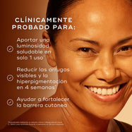 El texto indica: «CLÍNICAMENTE PROBADO PARA:» seguido de tres afirmaciones con marcas de verificación: «Dar a la piel un aspecto saludable y luminoso tras solo 1 uso*», «Reducir la apariencia de arrugas e hiperpigmentación en 4 semanas*» y «Iluminar visiblemente y proporcionar una nutrición profunda». Una nota al pie especifica que estos resultados fueron demostrados mediante un estudio clínico independiente realizado con C-Tetra Luxe durante 4 semanas en 36 participantes.
