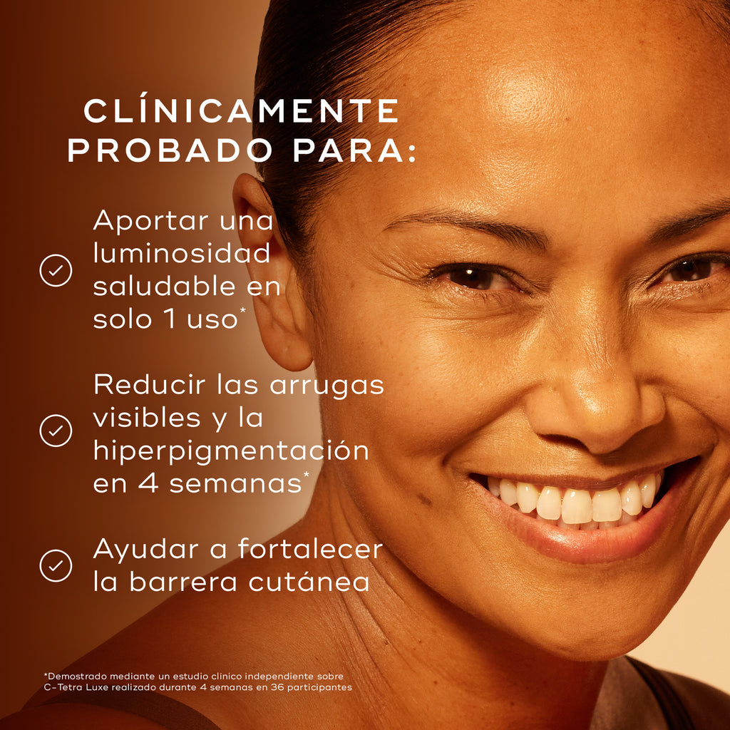 El texto indica: «CLÍNICAMENTE PROBADO PARA:» seguido de tres afirmaciones con marcas de verificación: «Dar a la piel un aspecto saludable y luminoso tras solo 1 uso*», «Reducir la apariencia de arrugas e hiperpigmentación en 4 semanas*» y «Iluminar visiblemente y proporcionar una nutrición profunda». Una nota al pie especifica que estos resultados fueron demostrados mediante un estudio clínico independiente realizado con C-Tetra Luxe durante 4 semanas en 36 participantes.
