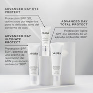 Tres protectores solares de Medik8 mostrados sobre pedestales blancos contra un fondo gris. Las etiquetas identifican Advanced Day Eye Protect (protección SPF 30 para el área de los ojos), Advanced Day Ultimate Protect (protección SPF 50+ con enzimas de reparación del ADN) y Advanced Day Total Protect (SPF 30 ligero con un escudo ambiental 360°).
