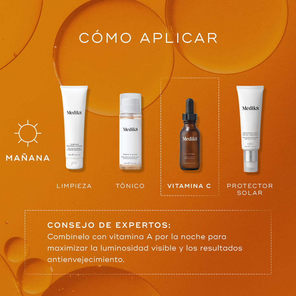 Guía AM “Cómo Aplicar en Capas” sobre un fondo de gotas doradas de aceite. La rutina muestra cuatro productos en este orden: Surface Radiance Cleanse (Limpiar), Press & Glow (Tonificar), C-Tetra Luxe (Vitamina C) y Advanced Day Ultimate Protect (Protector solar). C-Tetra Luxe está resaltado en un recuadro punteado como el paso central.
En la parte inferior, un recuadro de “Consejo de Experto” recomienda continuar con Vitamina A en la rutina de noche para mantener los máximos resultados antiedad.