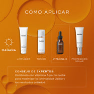 Guía de aplicación de Medik8 titulada «HOW TO LAYER» sobre un fondo naranja cálido con gráficos tipo burbujas. Un icono de sol AM indica una rutina matutina compuesta por cuatro pasos, con el tercer paso resaltado dentro de un recuadro blanco discontinuo. Los productos y pasos destacados son:

LIMPIEZA: tubo de Medik8 Surface Radiance Cleanse.

TONIFICACIÓN: botella de Medik8 Press & Glow.

VITAMINA C: botella de sérum Medik8 C-Tetra Luxe.

PROTECTOR SOLAR: tubo de Medik8 Advanced Day Ultimate Protect.

Un 