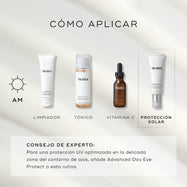 Infografía titulada «HOW TO LAYER» que muestra una rutina matutina de cuatro pasos: Limpieza (Surface Radiance Cleanse), Tónico (Press & Glow), Vitamina C (C-Tetra Luxe) y Protector solar (Advanced Day Ultimate Protect). El consejo experto en la parte inferior sugiere añadir Advanced Day Eye Protect a la rutina para la protección de la delicada zona del contorno de ojos.