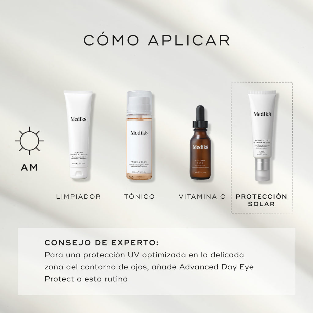Infografía titulada «HOW TO LAYER» que muestra una rutina matutina de cuatro pasos: Limpieza (Surface Radiance Cleanse), Tónico (Press & Glow), Vitamina C (C-Tetra Luxe) y Protector solar (Advanced Day Ultimate Protect). El consejo experto en la parte inferior sugiere añadir Advanced Day Eye Protect a la rutina para la protección de la delicada zona del contorno de ojos.