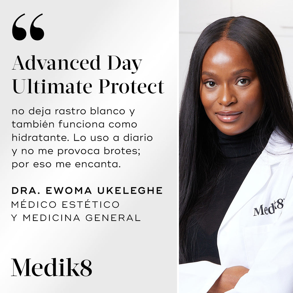 Un testimonio que presenta un retrato de Dr. Ewoma Ukeleghe con una bata de laboratorio de Medik8. El texto incluye una cita: «Advanced Day Ultimate Protect no deja residuo blanco y también funciona como hidratante. Lo uso constantemente y no me provoca brotes; por eso me encanta».

