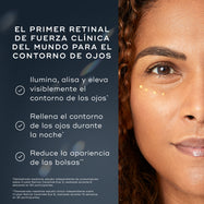 Se muestra el rostro de una mujer con pequeñas gotas de Crystal Retinal Ceramide Eye aplicadas debajo de un ojo. El texto destaca: **«RETINAL DE FUERZA CLÍNICA N.º 1 DEL MUNDO PARA EL CONTORNO DE OJOS»**. Tres viñetas con marcas de verificación enumeran los beneficios: «Ilumina, suaviza y eleva visiblemente el área de los ojos», «Aporta volumen al contorno de ojos durante la noche» y «Reduce la apariencia de la hinchazón».
