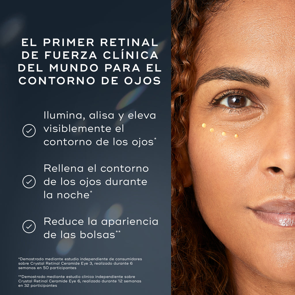 Se muestra el rostro de una mujer con pequeñas gotas de Crystal Retinal Ceramide Eye aplicadas debajo de un ojo. El texto destaca: **«RETINAL DE FUERZA CLÍNICA N.º 1 DEL MUNDO PARA EL CONTORNO DE OJOS»**. Tres viñetas con marcas de verificación enumeran los beneficios: «Ilumina, suaviza y eleva visiblemente el área de los ojos», «Aporta volumen al contorno de ojos durante la noche» y «Reduce la apariencia de la hinchazón».
