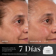 7 días: Comparación de antes y después del área de los ojos de un participante durante 7 días, mostrada junto al tarro de crema Medik8 Advanced Pro-Collagen+ Peptide. El texto destaca que se ha demostrado que el producto reduce visiblemente la profundidad de las arrugas en 7 días.