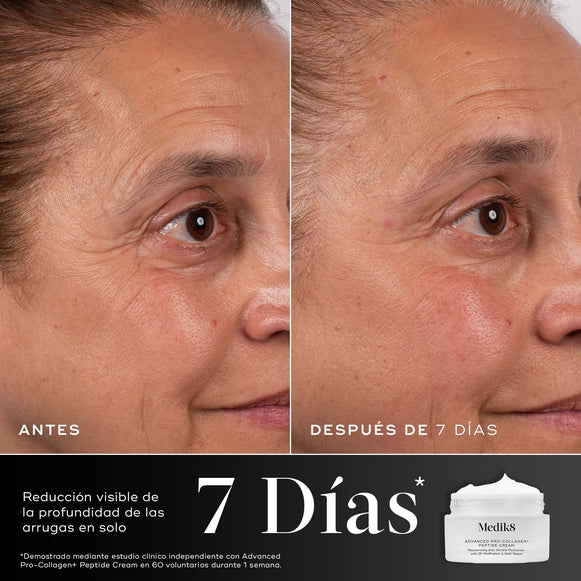 7 días: Comparación de antes y después del área de los ojos de un participante durante 7 días, mostrada junto al tarro de crema Medik8 Advanced Pro-Collagen+ Peptide. El texto destaca que se ha demostrado que el producto reduce visiblemente la profundidad de las arrugas en 7 días.-hover-12