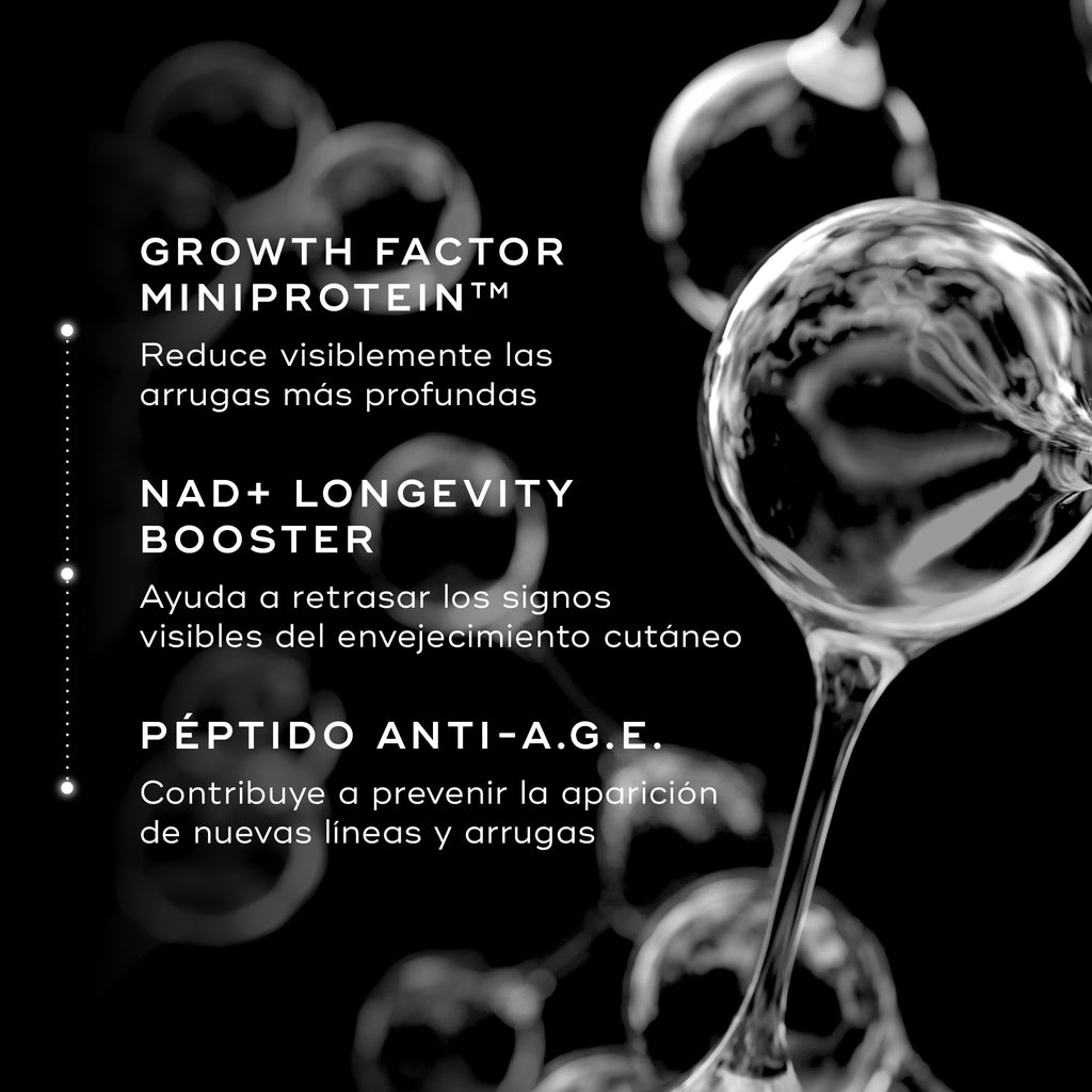 Gráficos celulares abstractos sobre un fondo negro que destacan los ingredientes clave de la crema Medik8 Advanced Pro-Collagen+ Peptide. El texto detalla los beneficios de la Miniproteína Factor de Crecimiento, el Potenciador de Longevidad NAD+ y el Péptido Anti-A.G.E. para la reducción de arrugas.