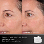 28 días: Comparación de antes y después del rostro de un participante durante 28 días, mostrada junto al tarro de crema Medik8 Advanced Pro-Collagen+ Peptide. El texto destaca resultados clínicamente probados en suavidad, firmeza y textura.