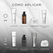 Imagen cuadrada titulada «CÓMO APLICAR EN CAPAS», que muestra una rutina de cuidado de la piel de Medik8 paso a paso con iconos para uso AM y PM. La secuencia de AM incluye Limpieza, Vitamina C, Hidratación y Protector solar; la secuencia de PM incluye Limpieza, Tratamiento específico, Vitamina A e Hidratación. Medik8 Advanced Pro-Collagen+ Peptide Cream aparece destacada en el paso de «Hidratación» en ambas secuencias. El fondo es gris claro con sutiles gráficos hexagonales.