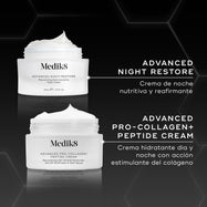 Comparación de los tarros de Medik8 Advanced Night Restore y Advanced Pro-Collagen+ Peptide Cream mostrados uno al lado del otro sobre un fondo negro. El texto contrasta la fórmula nutritiva de noche (PM) de Night Restore con la nueva fórmula ligera Pro-Collagen+ para AM/PM, destacando su capacidad para aumentar la producción de colágeno y reducir las arrugas profundas.